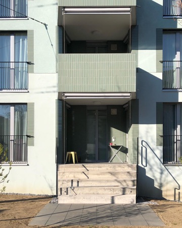 Fassaden, Treppenhäuser aus Beton, Metall · Wohnhäuser Allenmoostrasse — BDE Architekten