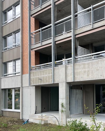 Fassaden, Handläufe aus Beton, Metall · Wohnsiedlung Birchstrasse — Enzmann Fischer Partner