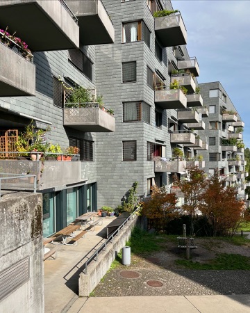 Fassaden, Balkone aus Metall, Naturstein · Wohnsiedlung Leimbachstrasse — pool Architekten