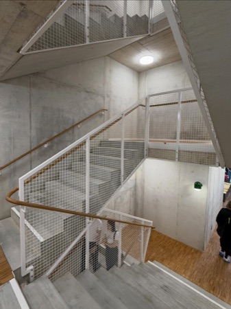 Treppenhäuser, Handläufe aus Beton, Holz · Espenhof West — Weyell Zipse Architekten