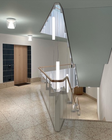 Treppenhäuser, Handläufe aus Holz, Glas · Alterssiedlung Talstrasse — Baumberger Stegmeier Architektur